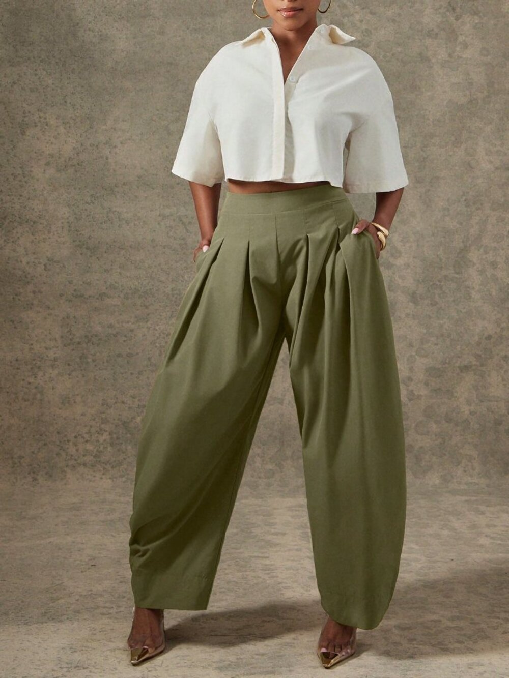 Olive Green Casual Women's High Waist Pleated Detail Barrel Leg Office Pants - Picture 3 of 5